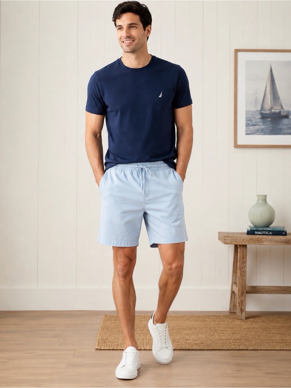 Nautica Men’s Large Light Blue Drawstring Pull-On Shorts Casual Coastal